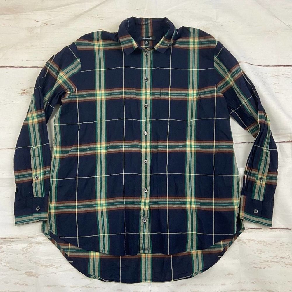 Madewell Navy Blue Green Plaid Check Button Up Collared Shirt Womens Small